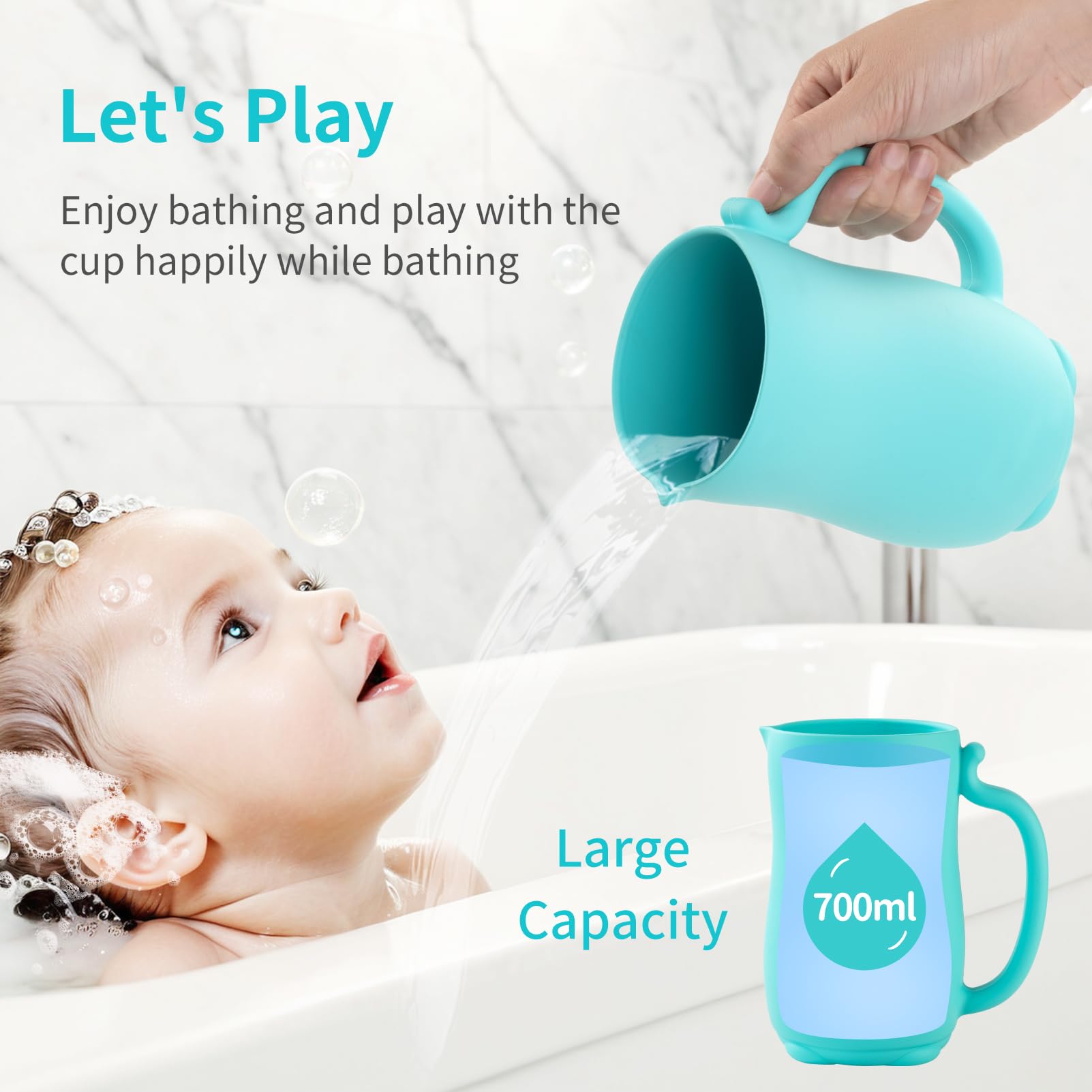 LOYATRO baby bath rinse cup handle grip ensures secure pouring during bath.