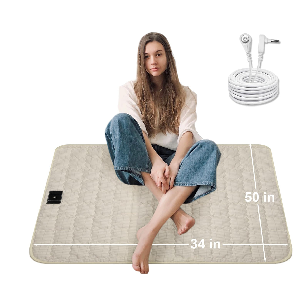 LOYDBDT Grounding Mat beige bed view shows soft cotton surface for potential deeper sleep.