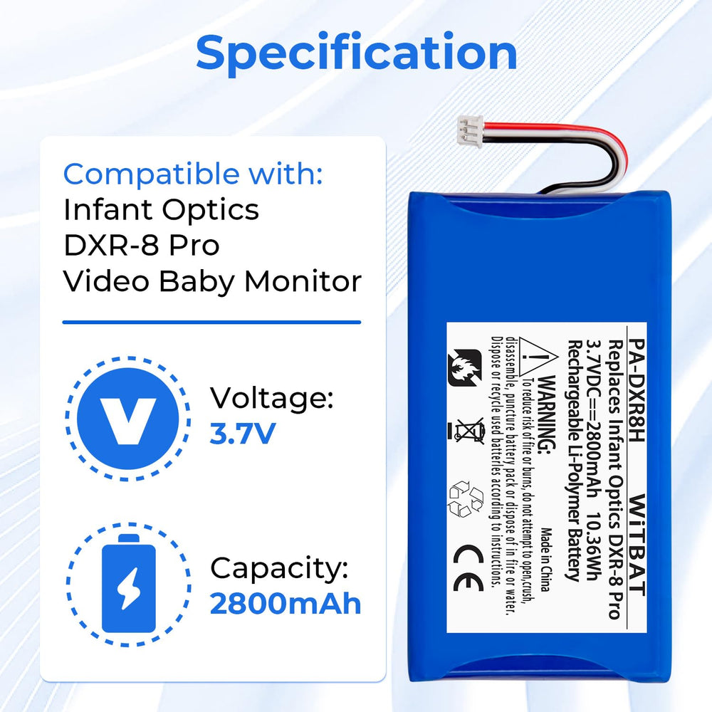 LP replacement battery label close-up shows 2800mAh capacity for longer sessions.