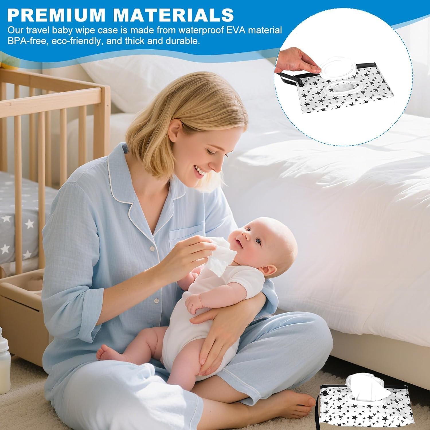 LQMBABY travel wipes pouch includes a wrist strap for easy carry