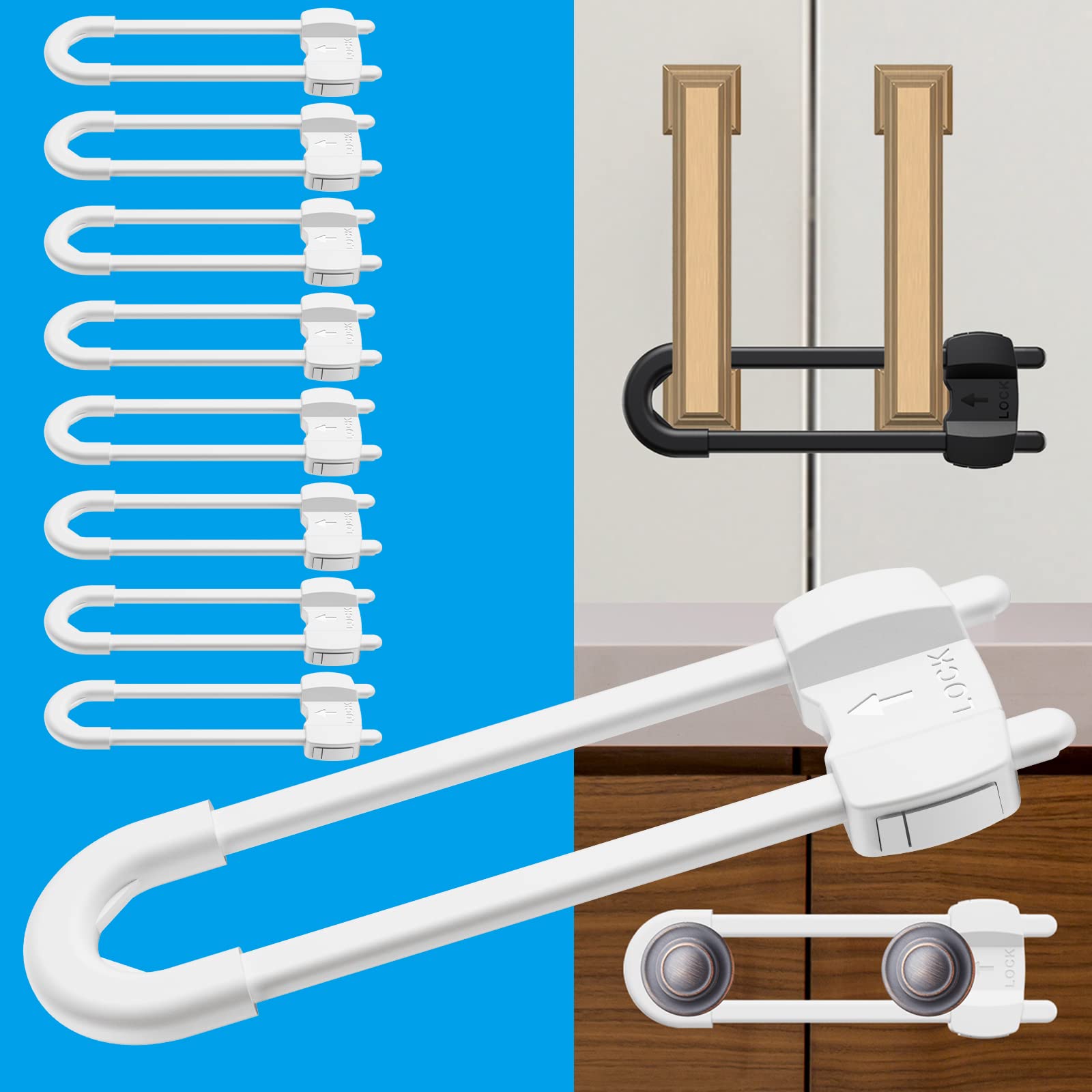 LRANFOW U-shaped cabinet lock on door for quick no-drill safety.