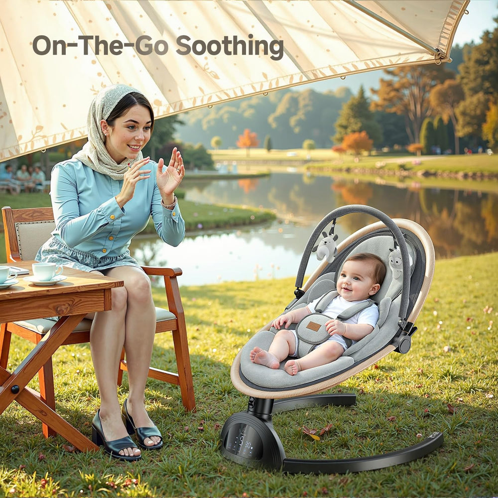 LrerBB Electric Baby Swing supports indoor use with adapter and outdoor use with batteries.