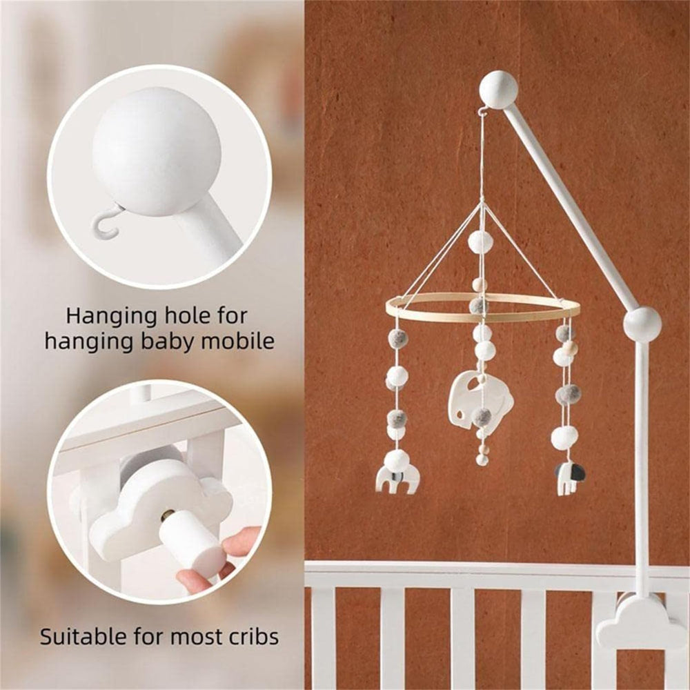 Lroterser Wooden Crib Mobile Arm close-up reveals natural wood finish for a warm nursery vibe.