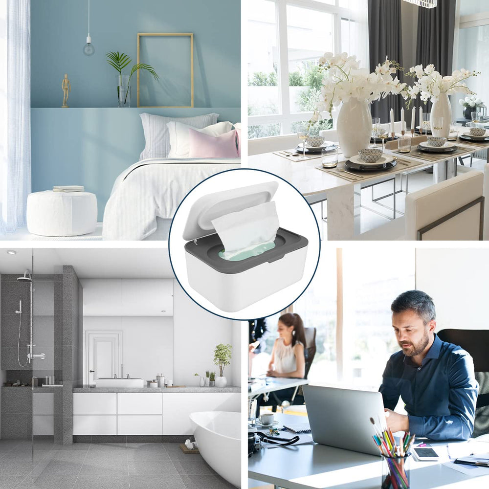 LSCSJUNS wipes dispenser shown in bathroom and kitchen setups for versatile use.