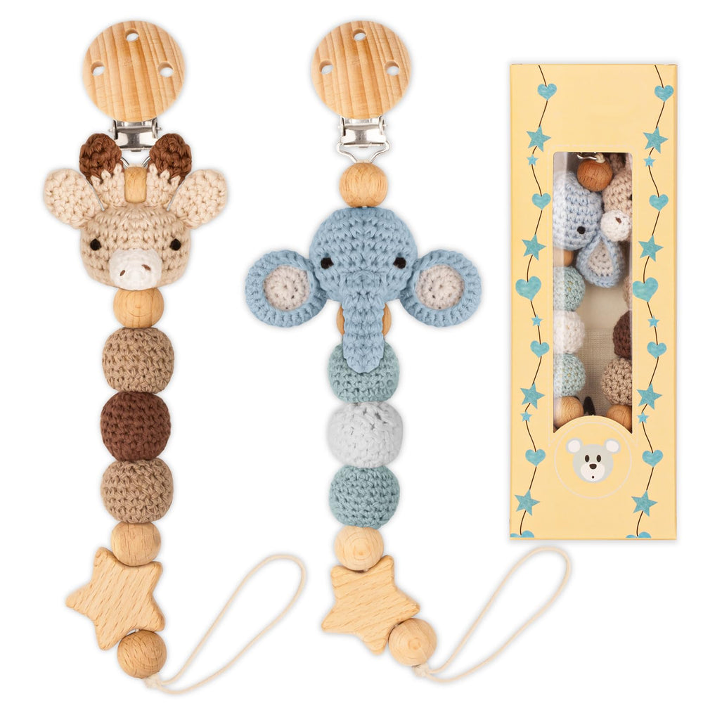 LSTRAGY Elephant & Deer pacifier clip closeup shows handmade knit durability for daily use.