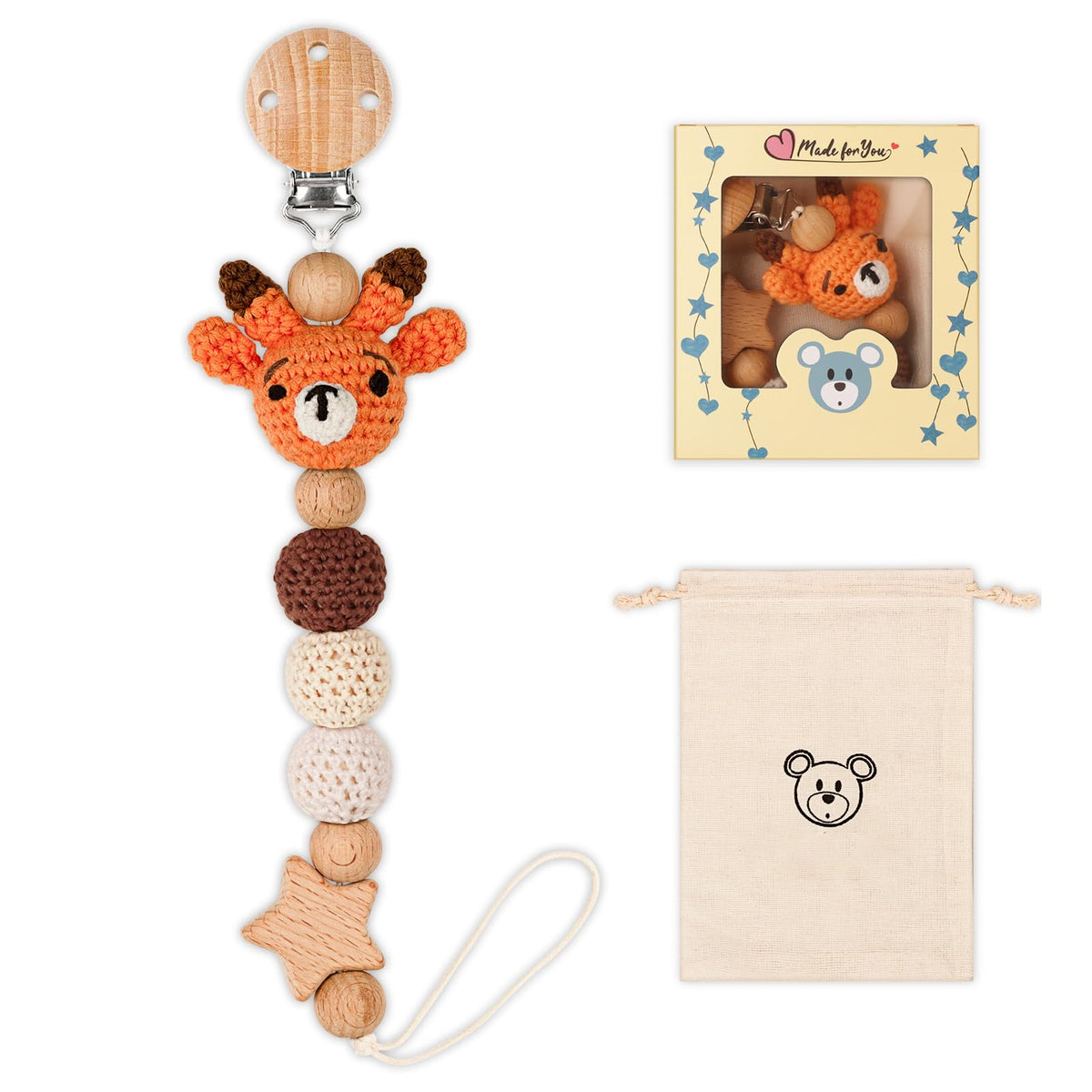LSTRAGY pacifier clip with deer plush, close view of the cute design and clip.