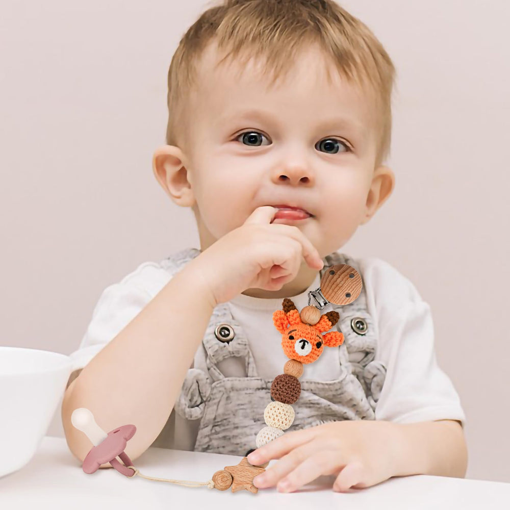 LSTRAGY deer pacifier clip shown with a teether for multifunction use.
