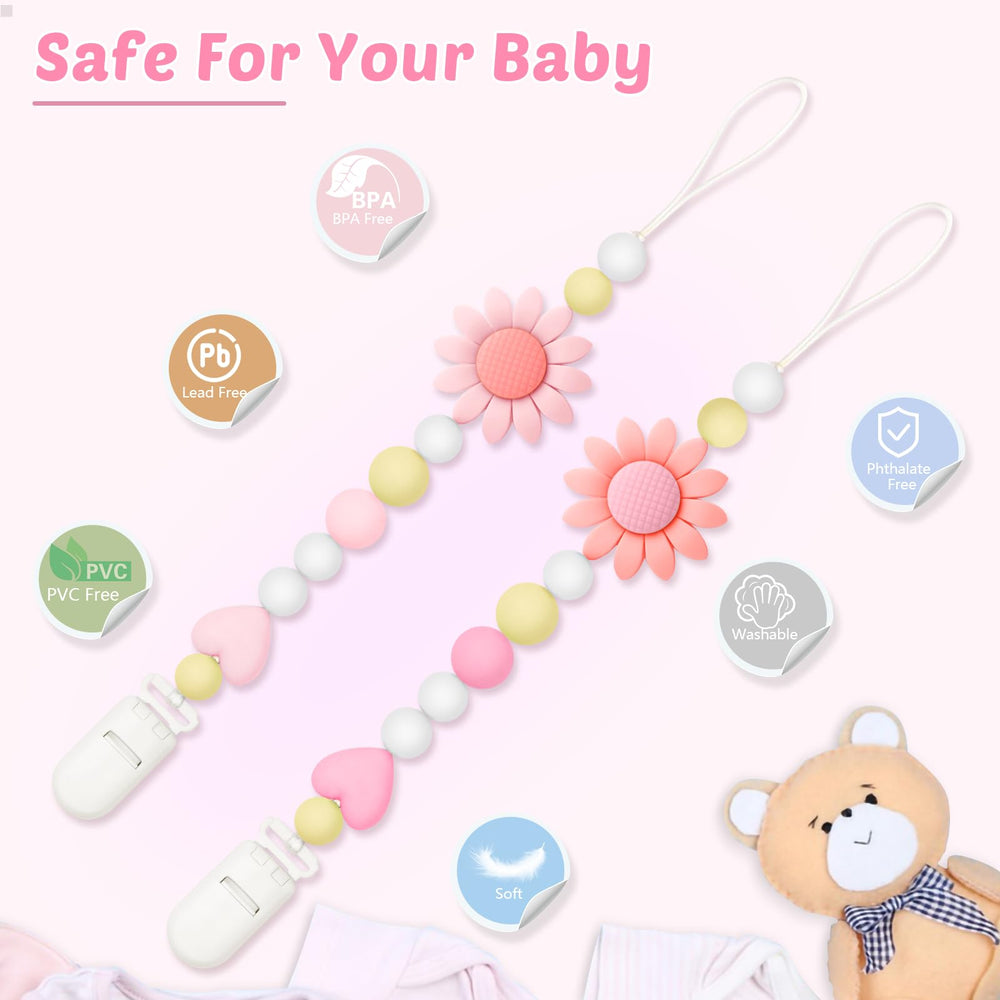LSTRAGY pacifier clip attached to stroller or car seat keeps pacifier handy.