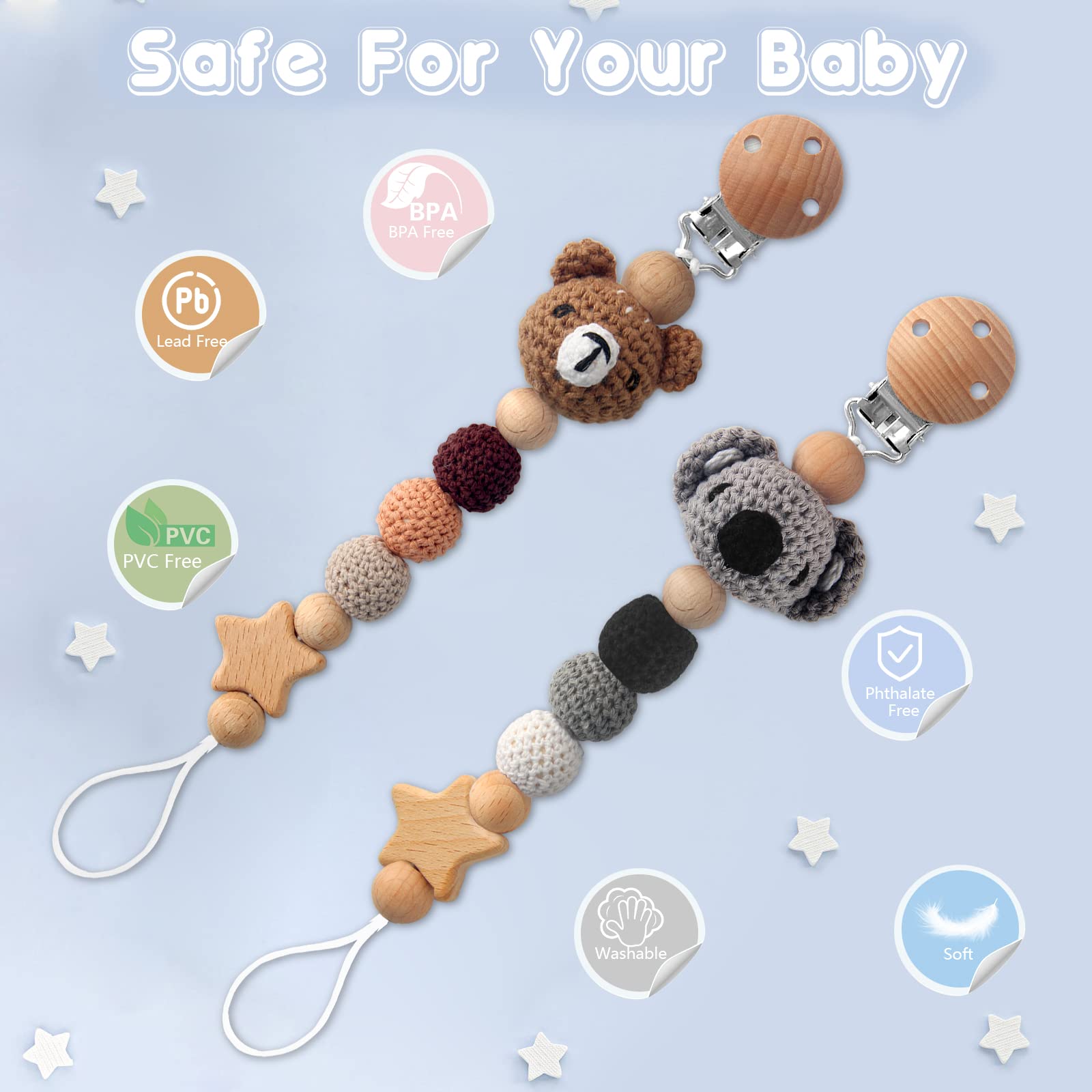 LSTRAGY two-pack pacifier clips, perfect baby shower gift set.