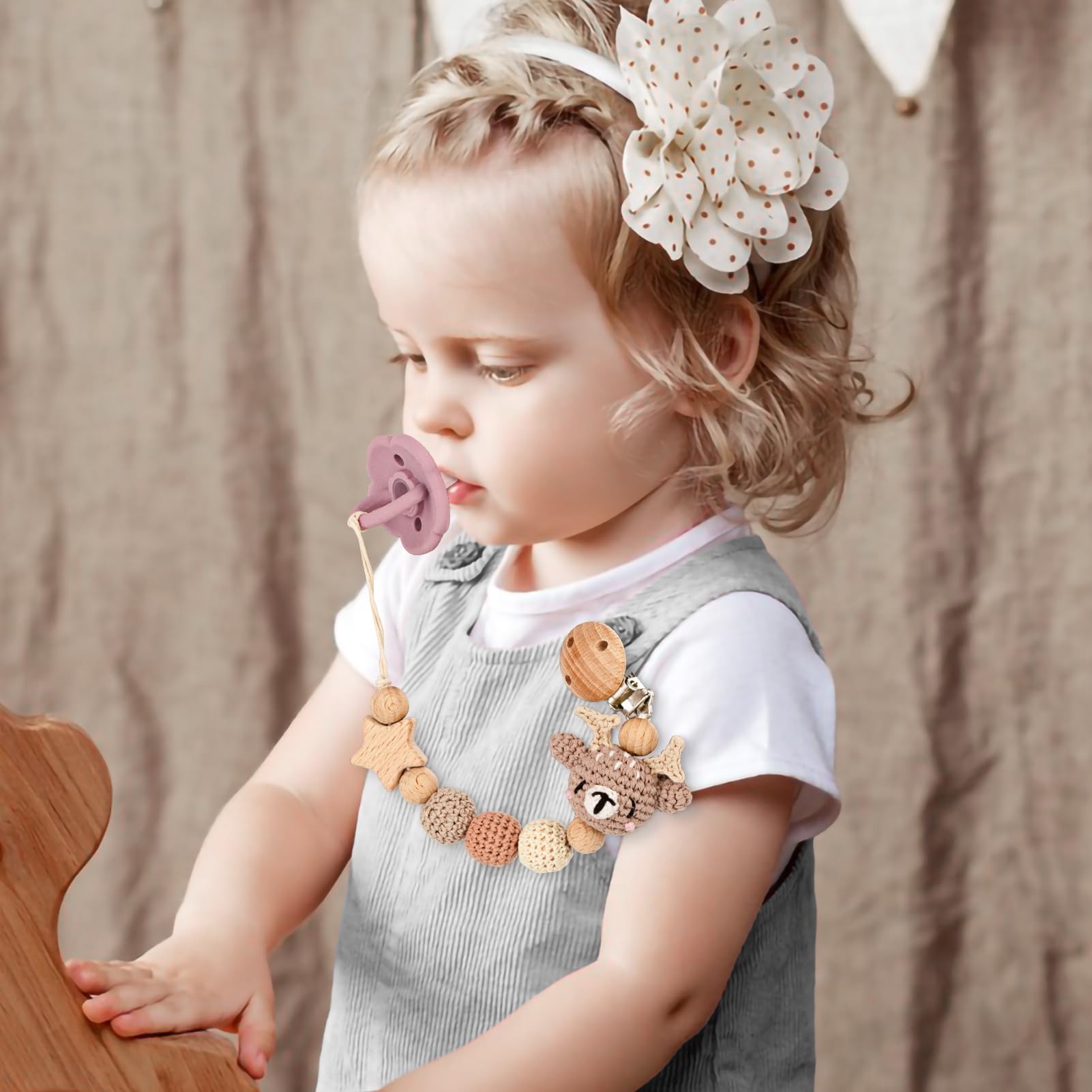 LSTRAGY pacifier clip wooden clip offers durable hardware for secure wear on clothing