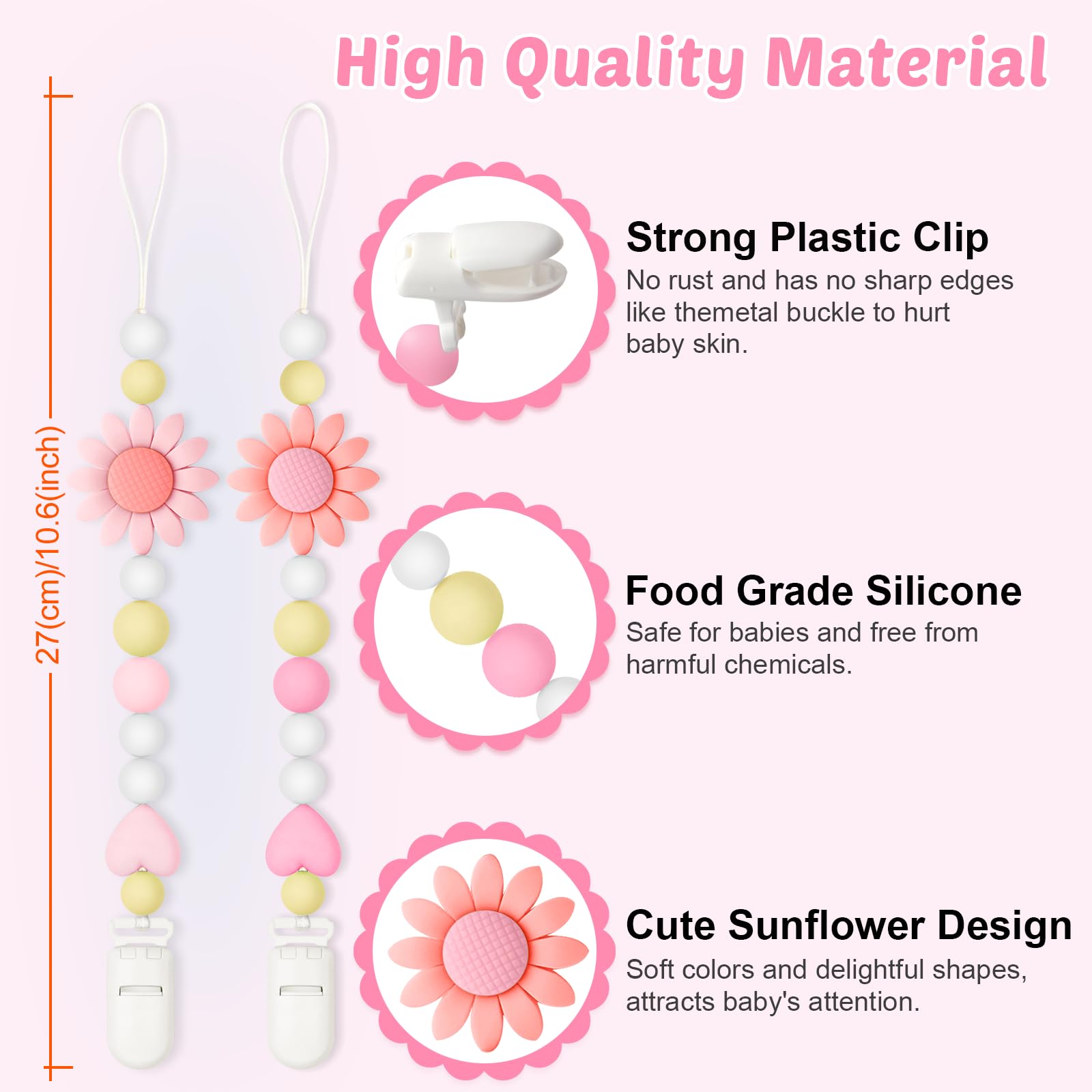 LSTRAGY sunflower design pacifier clip on baby outfits pairs with colors and reduces loss.