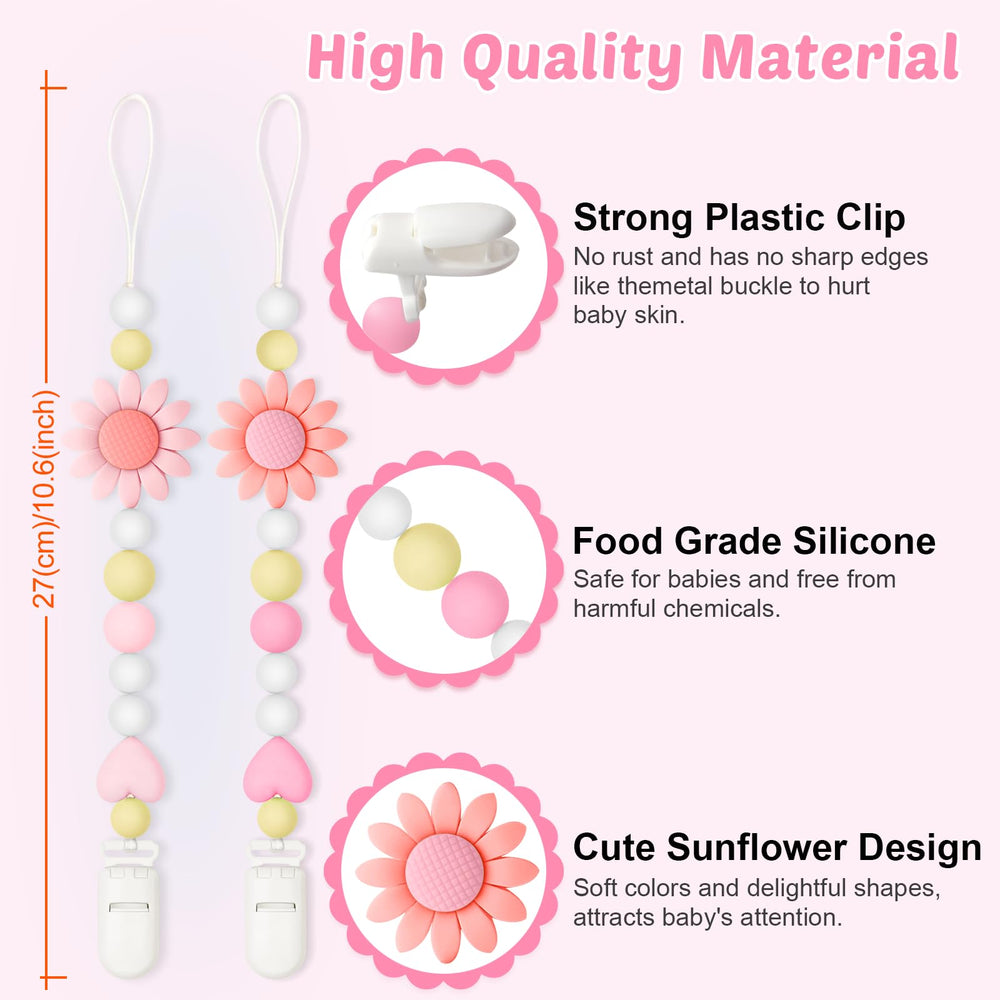 LSTRAGY sunflower design pacifier clip on baby outfits pairs with colors and reduces loss.