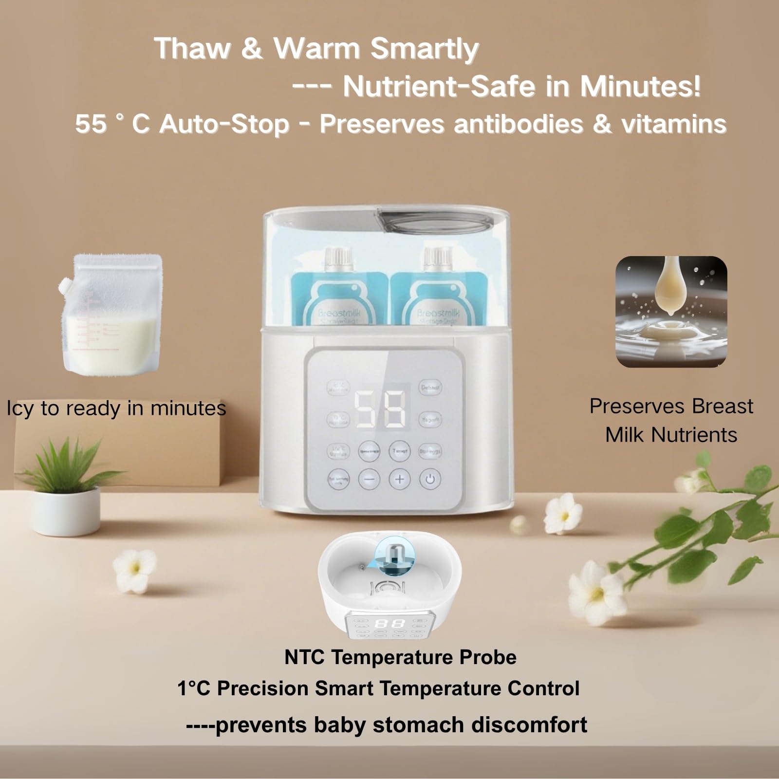 Lszy warmer keeps milk at the chosen temperature for 24 hours