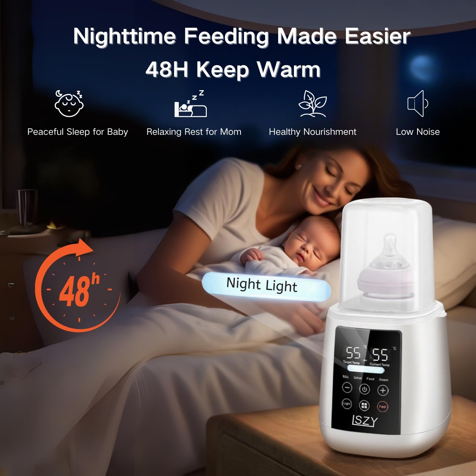 Lszy steam-sanitizing function cleans bottles with high-temperature vapor.