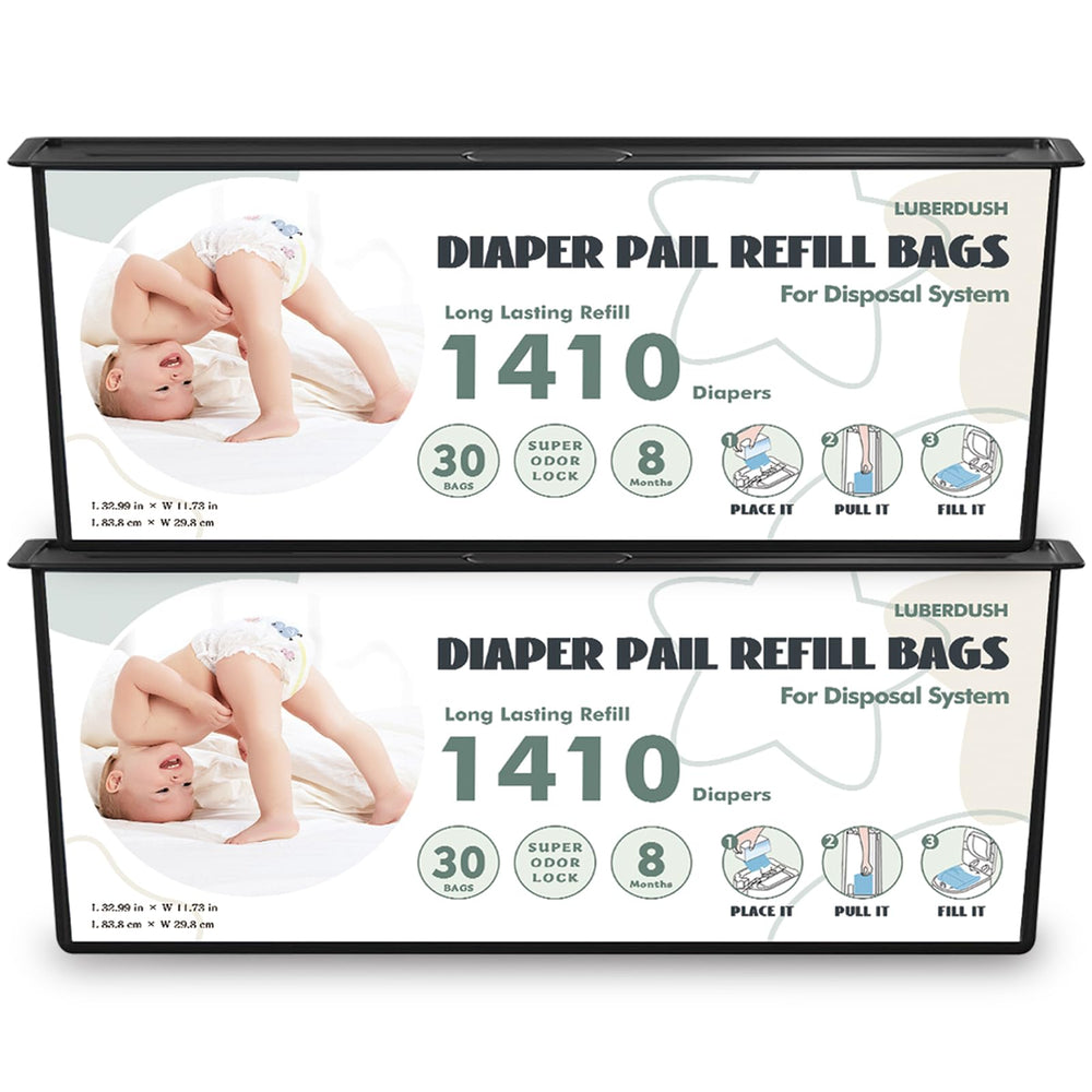 LUBERDUSH diaper pail refill 2-pack packaging for easy storage in nursery.