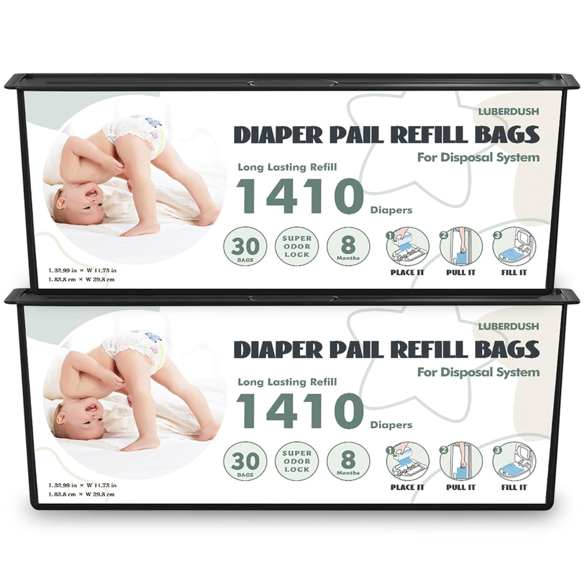 LUBERDUSH diaper pail refill 2-pack packaging for easy storage in nursery.