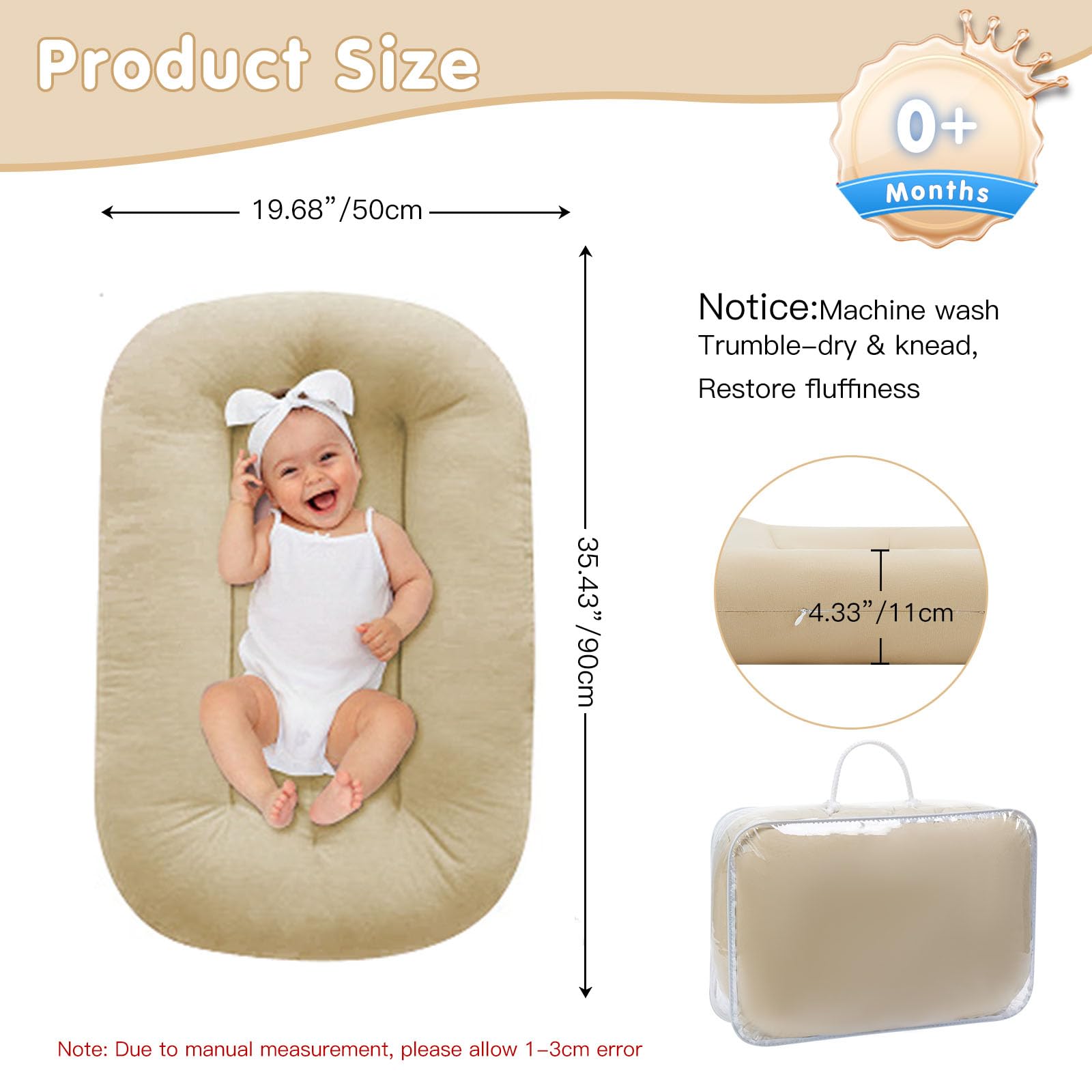Lucakuins apricot lounger safety-label closeup communicates CPC/AAP safety standards.