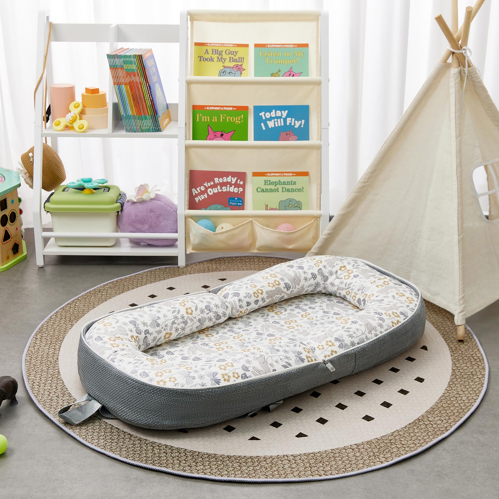 Lucakuins Baby Lounger at home setup showing cozy, secure infant interaction