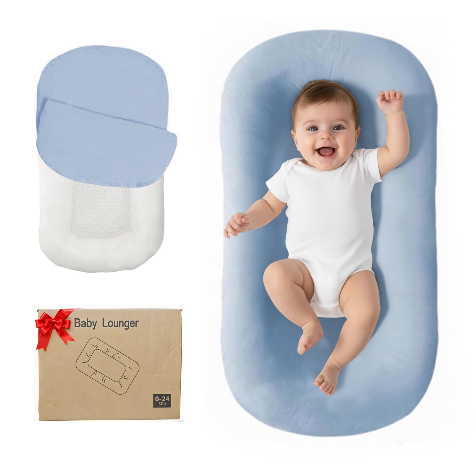 Lucakuins Baby Lounger blue close-up highlighting soft organic cotton for cozy naps