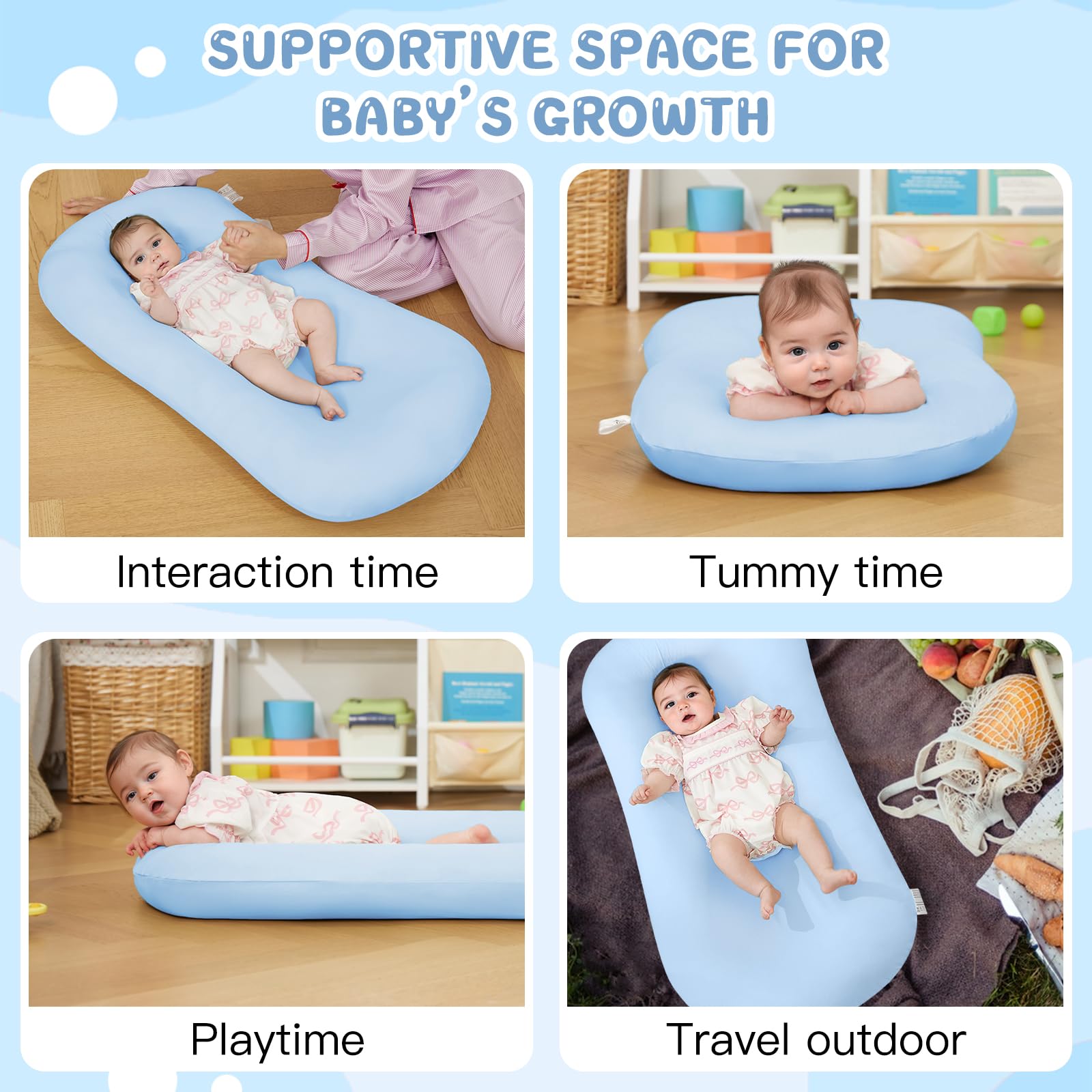 Lucakuins Baby Lounger blue on sofa demonstrates safe, supervised lounging during family moments