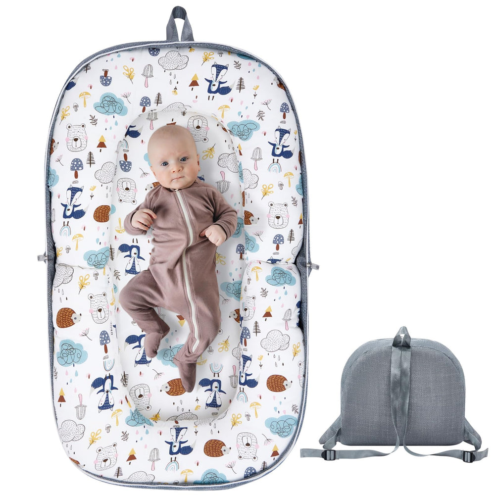 Lucakuins baby lounger folded for travel ease and compact portability.