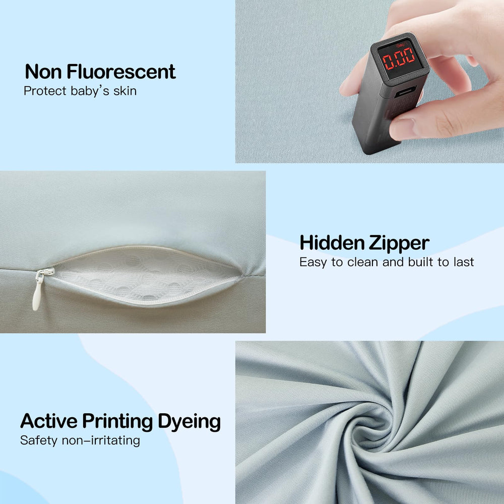 Lucakuins grayish blue fabric emphasizes gentle, versatile nursery color.