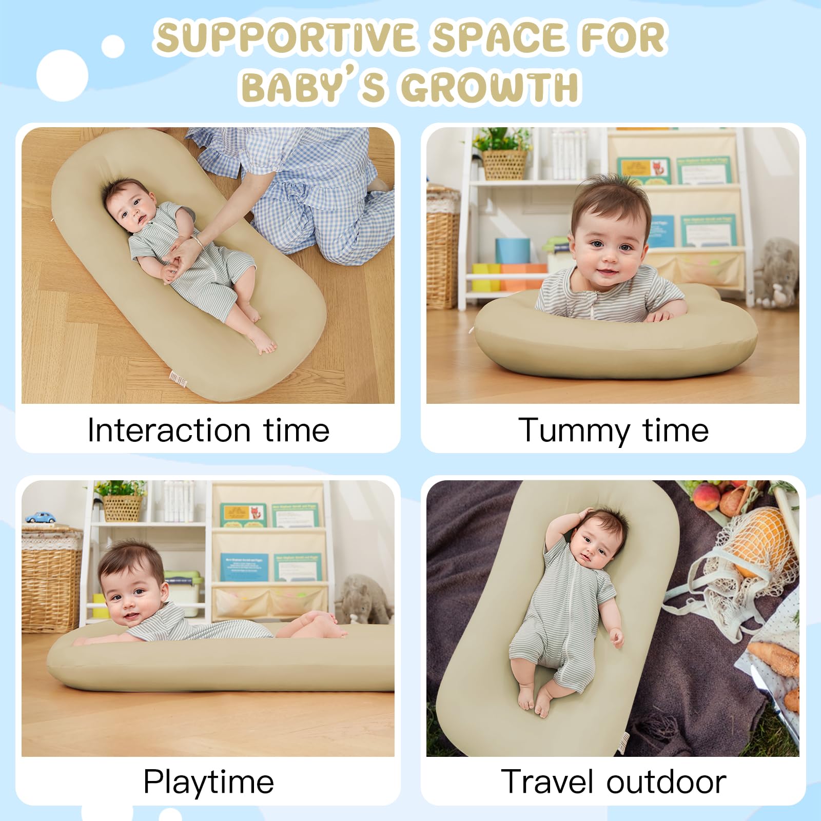 Lucakuins lounger lengthens space for growth from newborn to toddler.