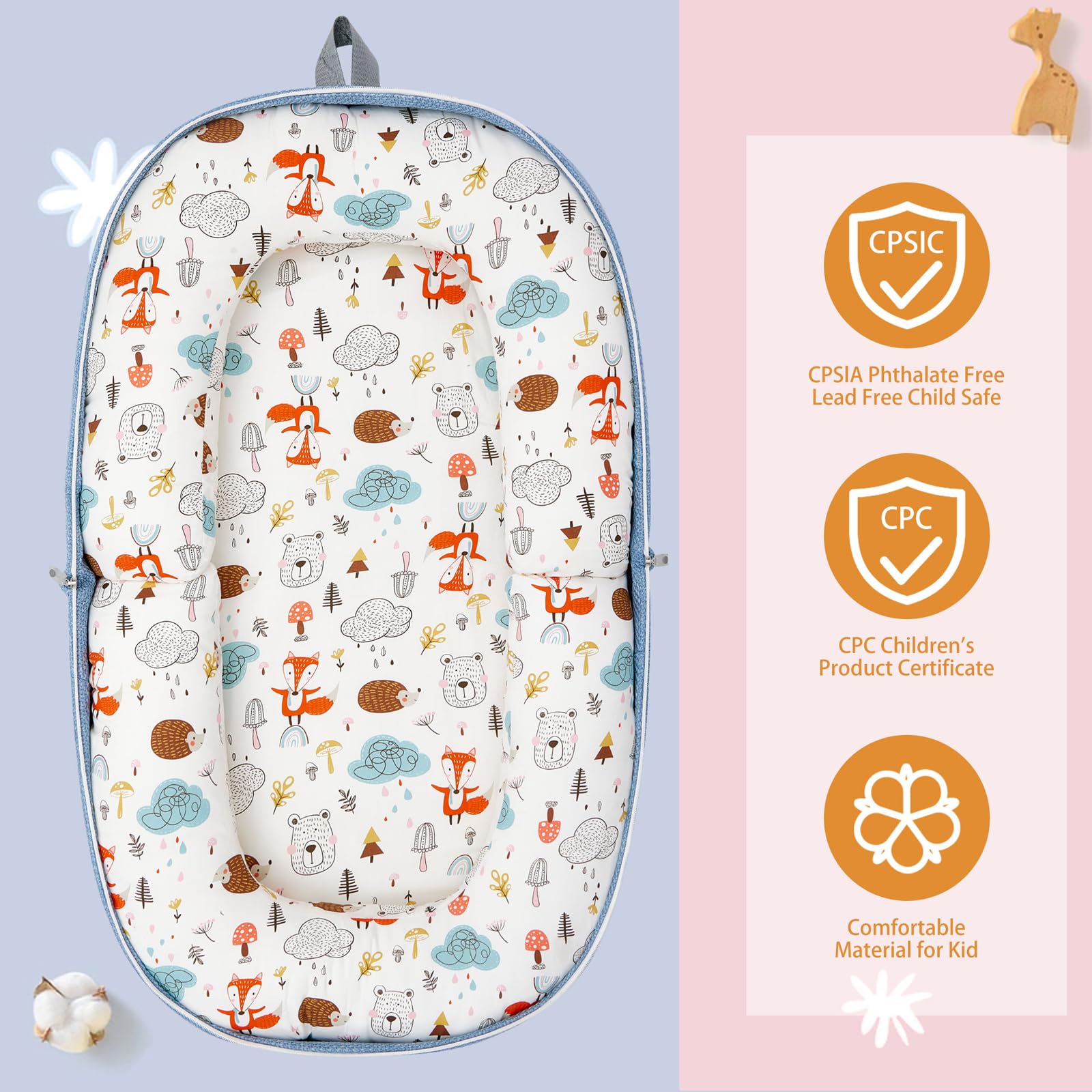 Lucakuins baby lounger memory foam mat provides cushioned support.