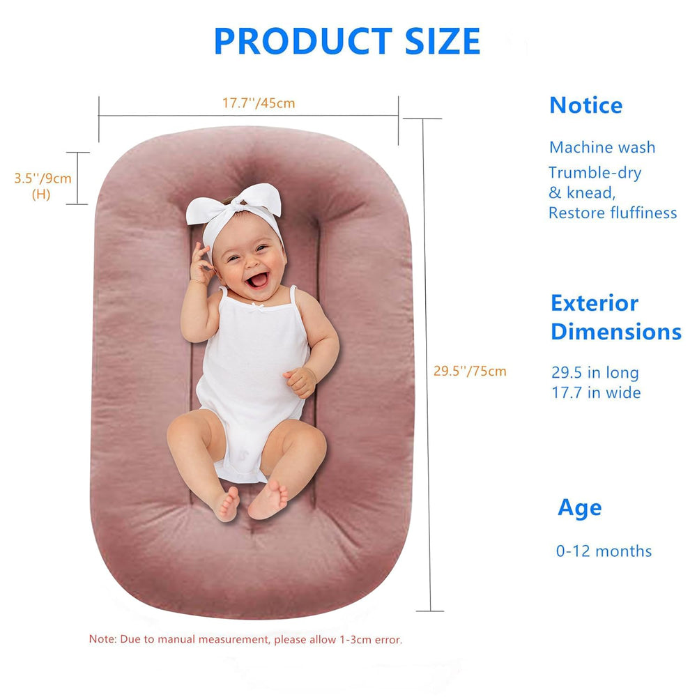 Lucakuins newborn lounger highlights breathable fabric and soft filling for cozy lounging.