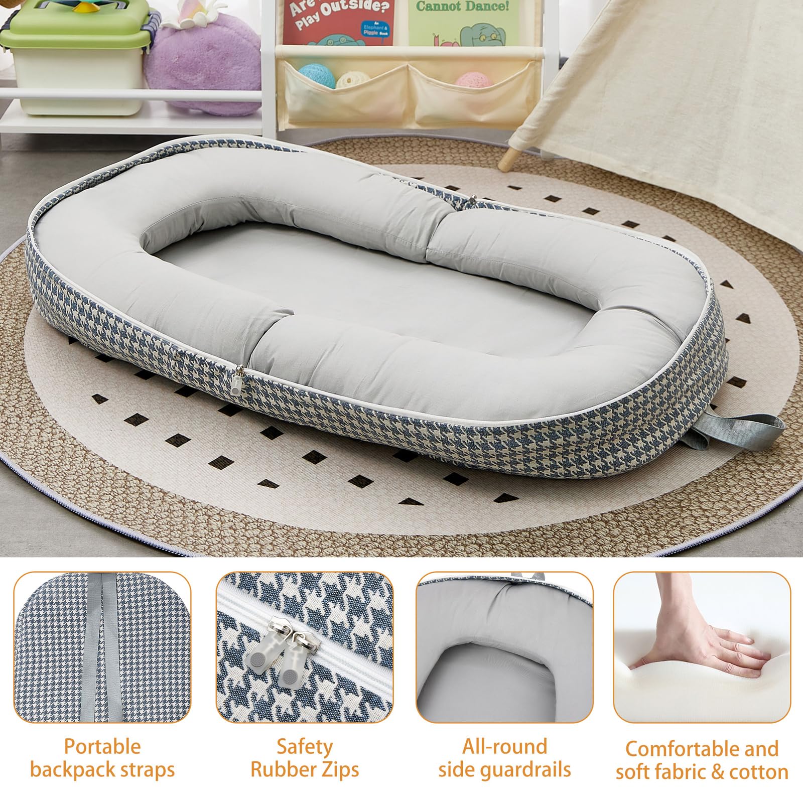 Lucakuins baby lounger laid out as a cozy awake play space
