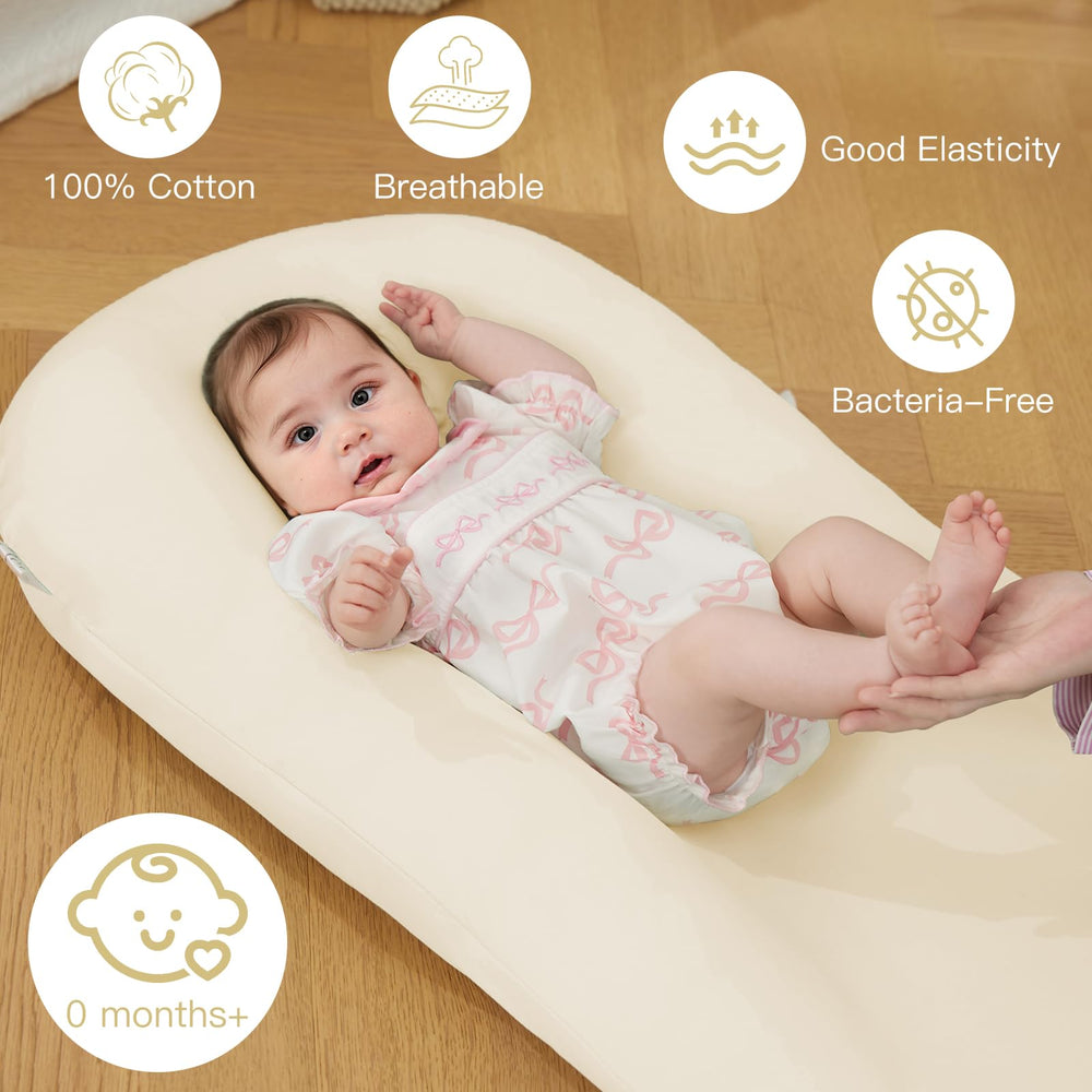 Lucakuins Baby Lounger size 36x20x4 inches illustrating growth with baby