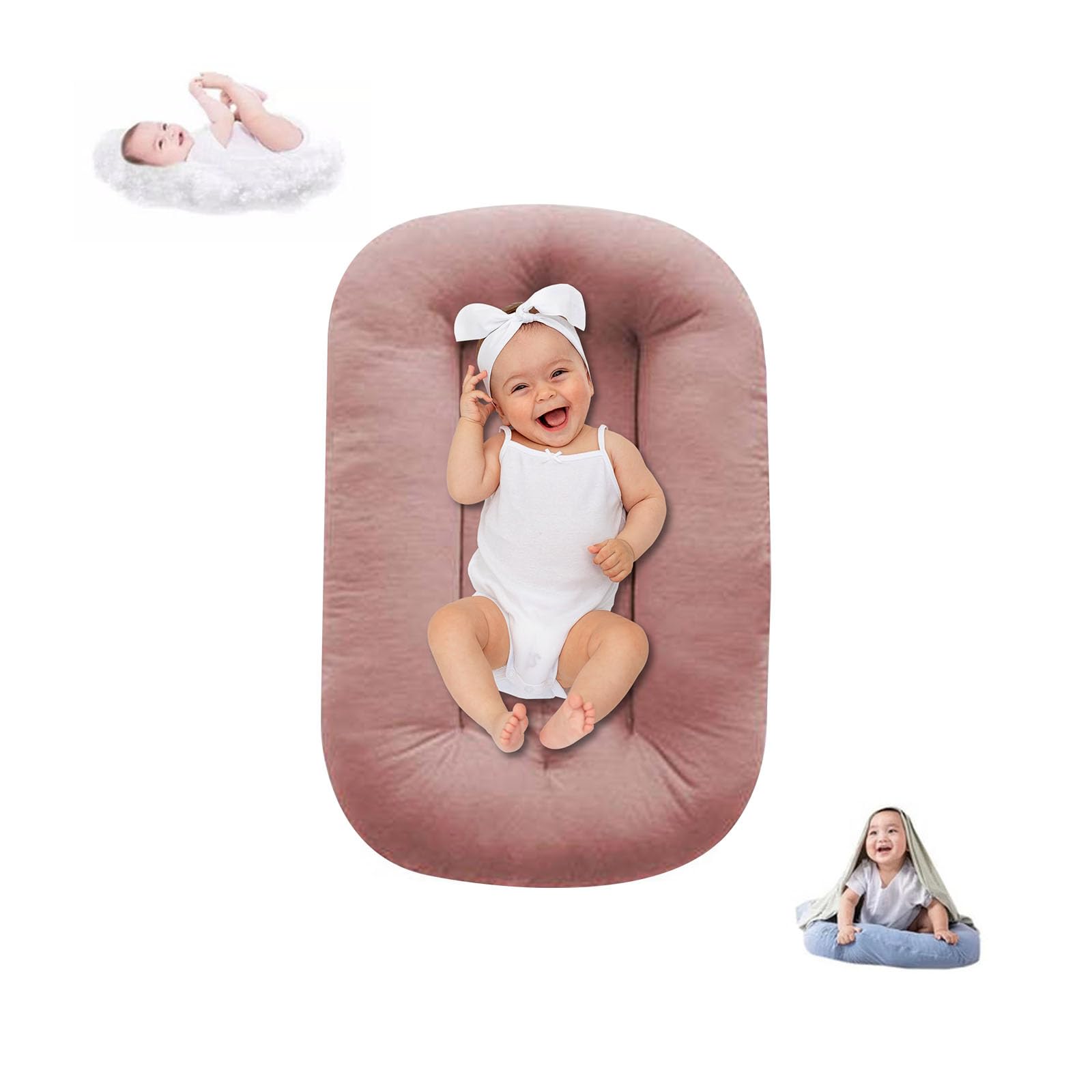 Lucakuins baby lounger in soft organic cotton provides breathable comfort for newborns.