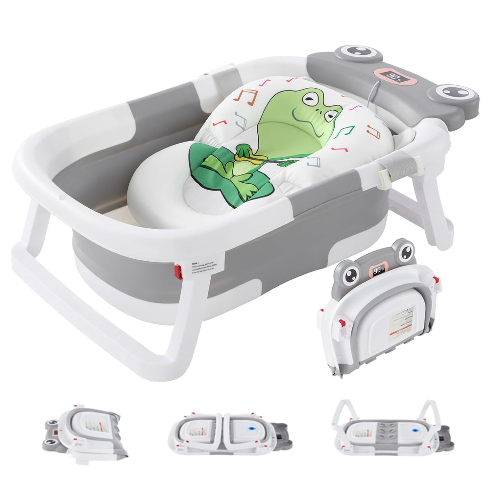 Lucakuins foldable baby bathtub grey setup shows space-saving storage for small nurseries.