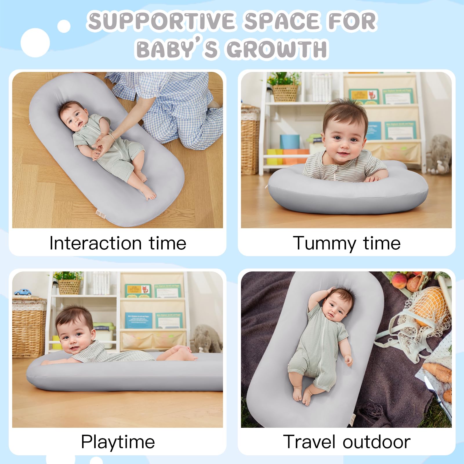 Lucakuins newborn lounger in soft cotton for cozy daytime naps.