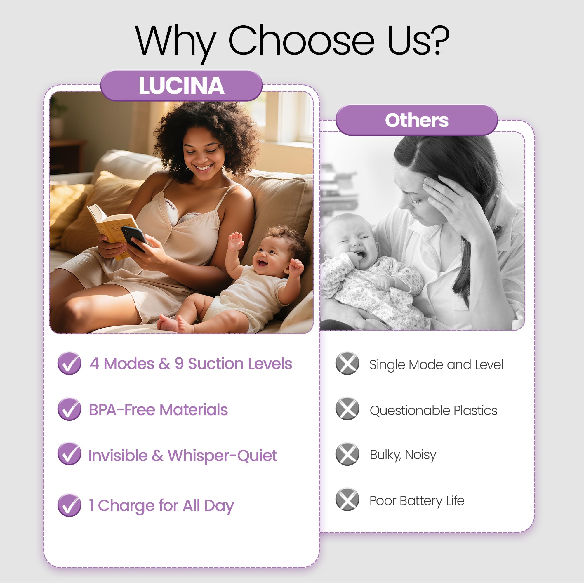 Lucina Baby 2200mAh battery lasts multiple pumping sessions.