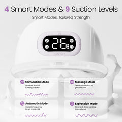 Lucina Baby smart display shows mode, suction, time for confident pumping.