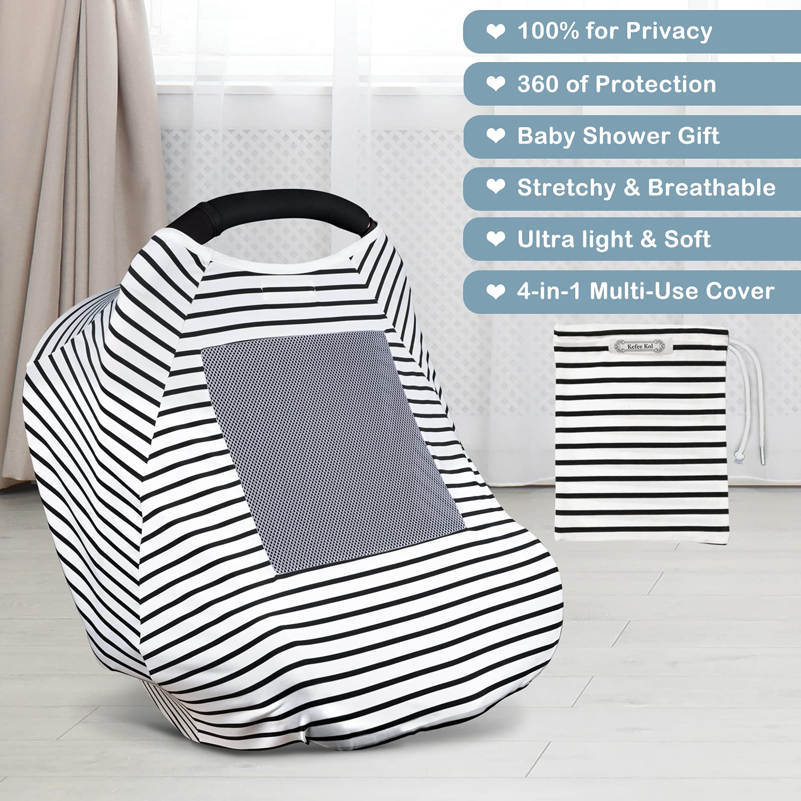 Lucine nursing cover doubles as shopping cart cover to keep baby cozy.
