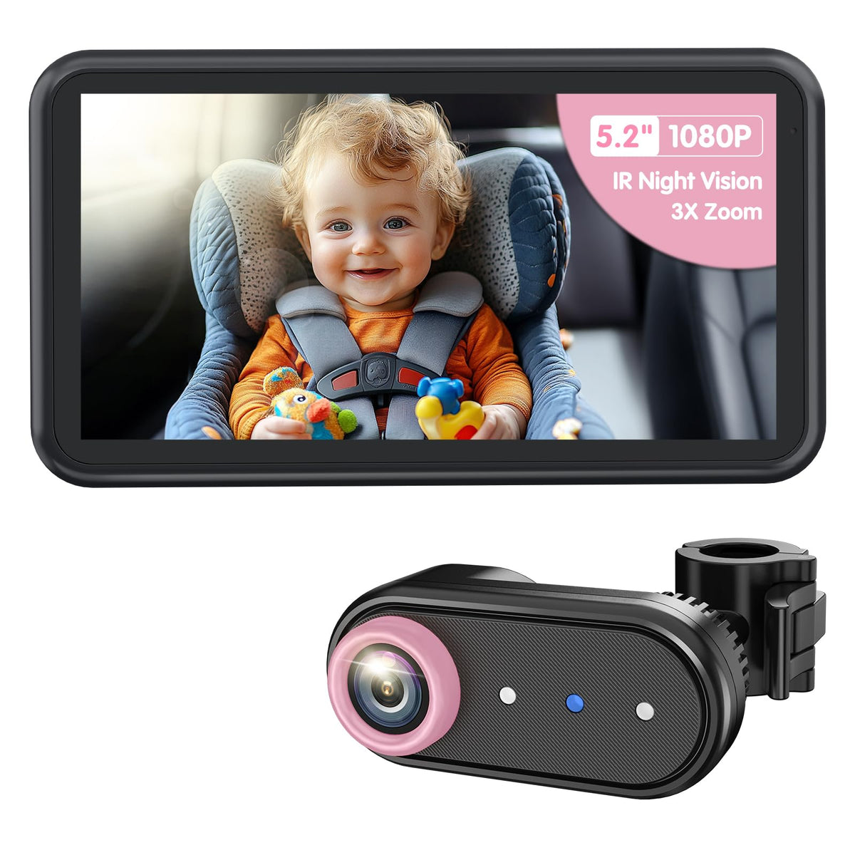 Luckview BM2A camera front view offers real-time in-car baby monitoring on a clear 5.2-inch screen