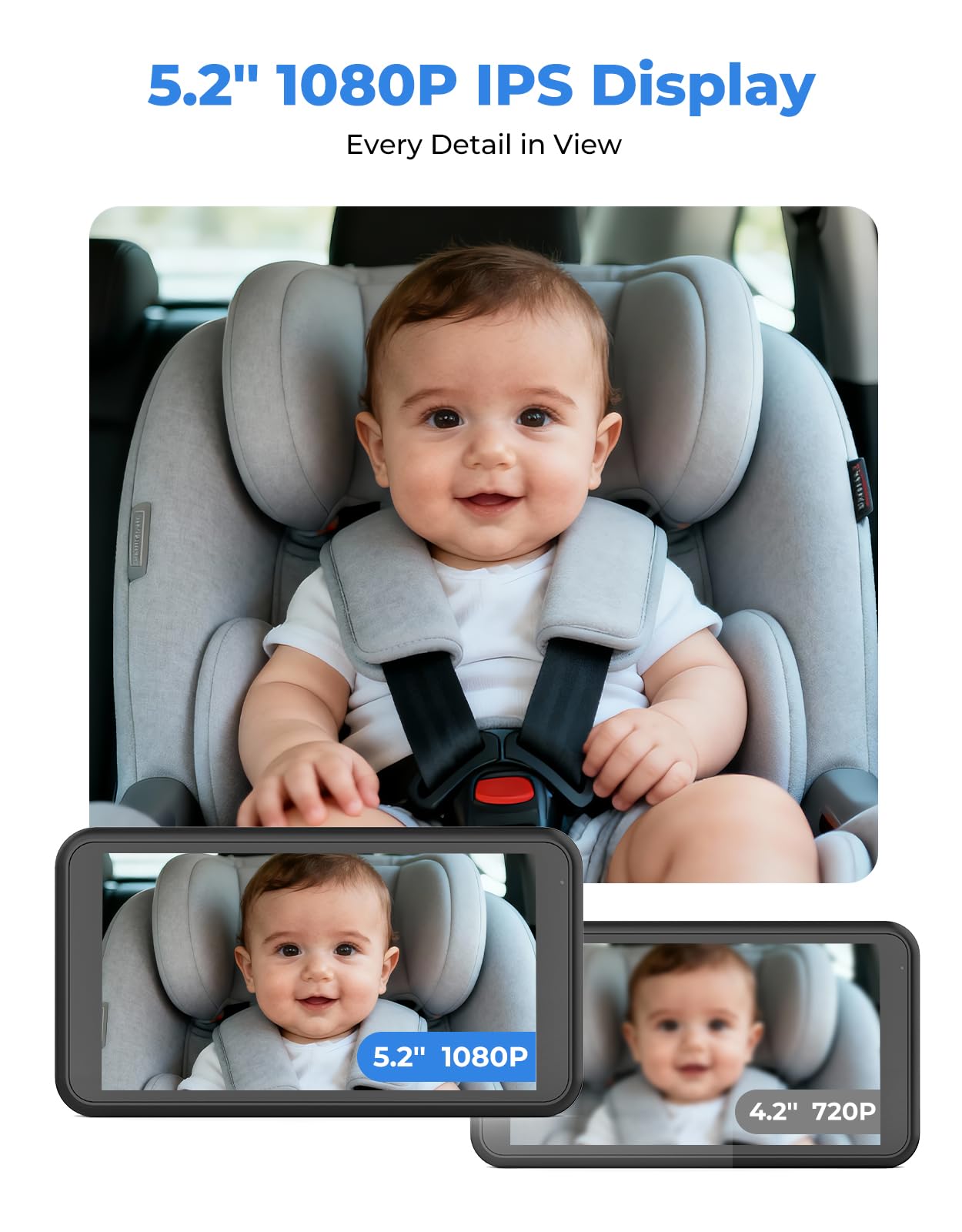 LUCKVIEW BM2A rear-seat view showing baby in car seat during drives