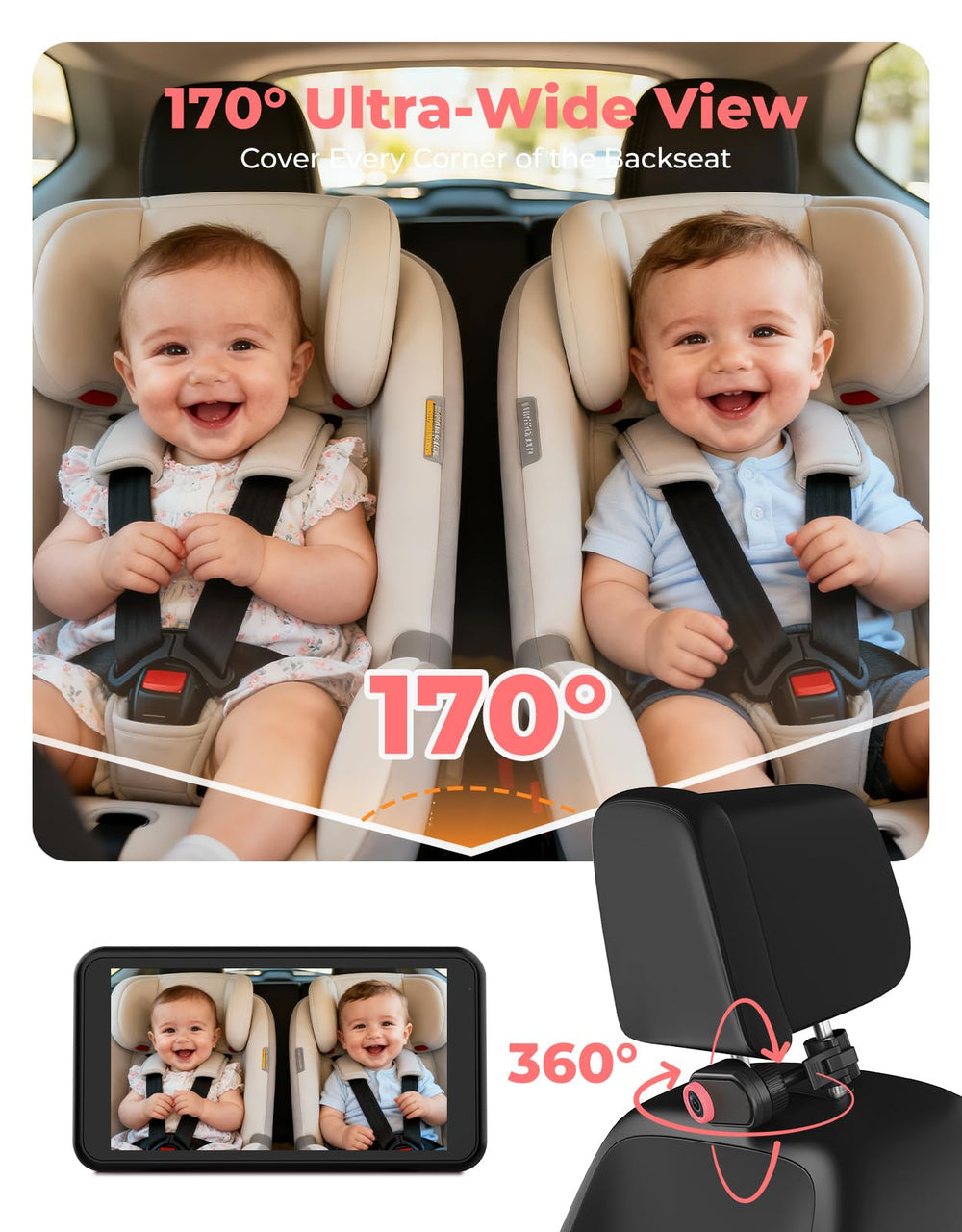 Luckview BM2A wide-angle view captures the whole back seat for twins or pets