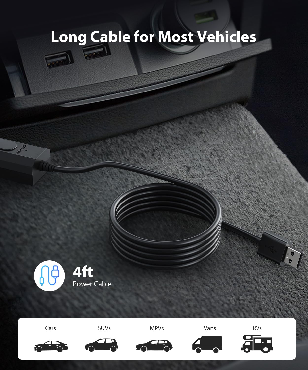 Luckview USB cable shows one-button power control for quick on/off without fumbling.