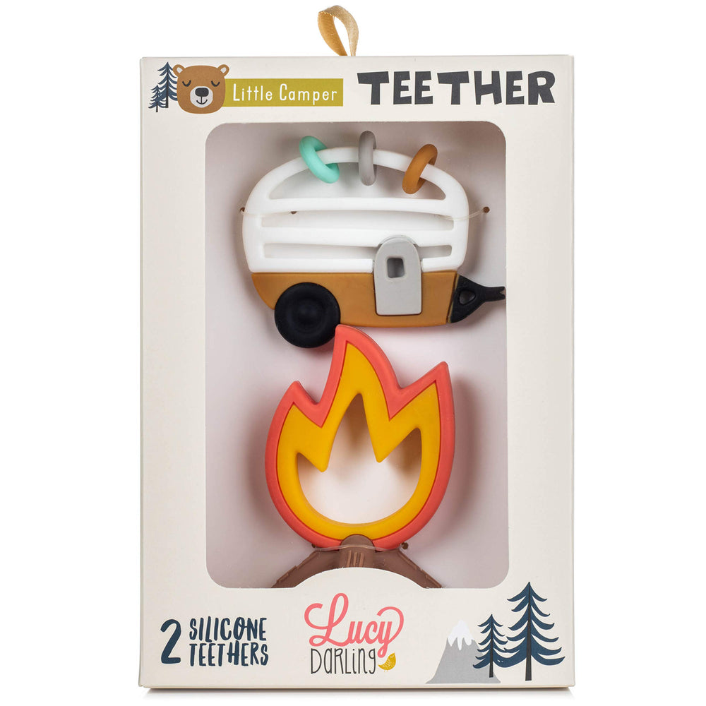 Lucy Darling Little Camper teether easy-clean surface simplifies cleanup after playtime.