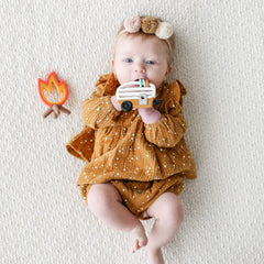 Lucy Darling Little Camper teether soft-nubs provides gentle relief for tiny hands.