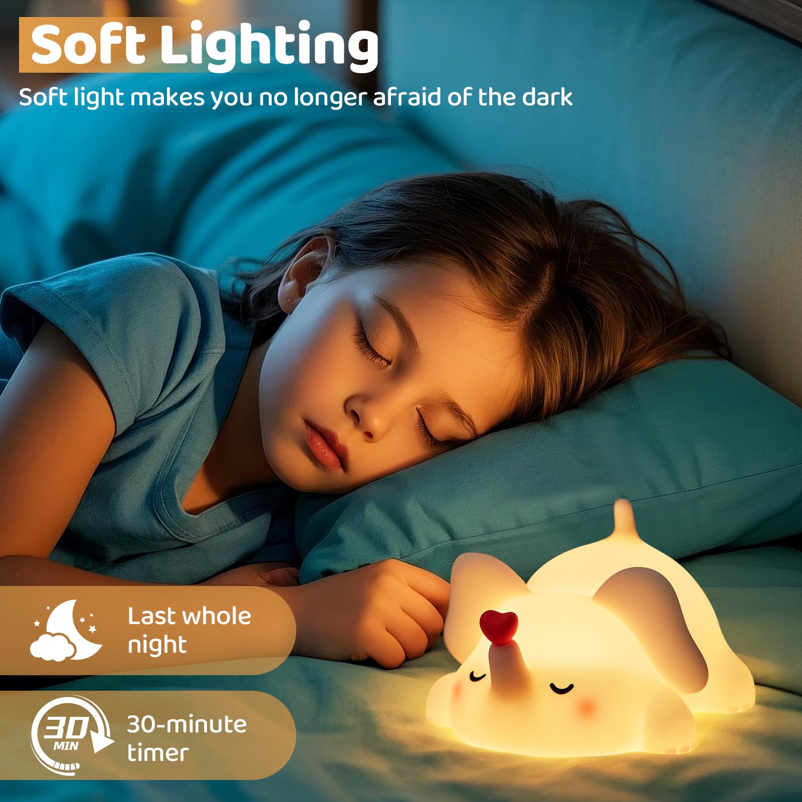 Luditek Sweet Heart Elephant Night Light demonstrating three brightness levels for different needs.