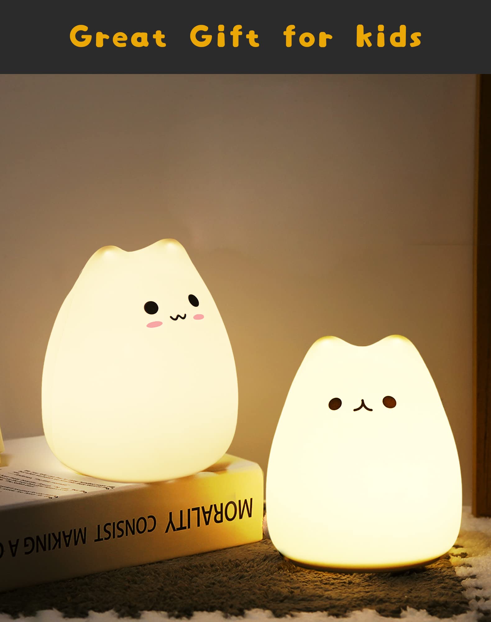 Lueudu LED Cat Night Light 7-color breathing mode offers gentle color transitions.
