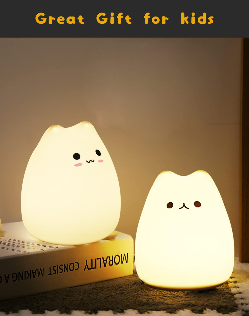Lueudu LED Cat Night Light 7-color breathing mode offers gentle color transitions.