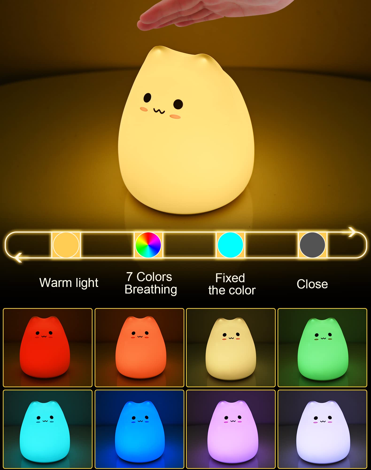 Lueudu LED Cat Night Light warm white mode for cozy nighttime illumination.
