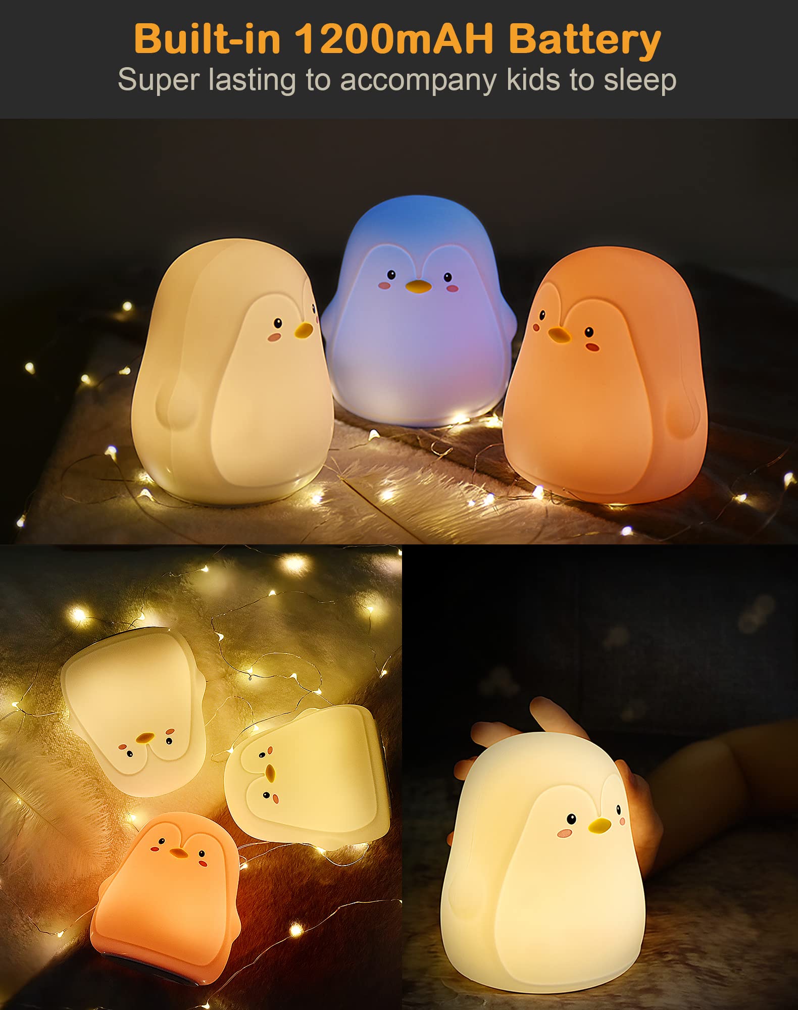 Lueudu Penguin Night Light features USB charging and 9-10 hour battery life on full charge.