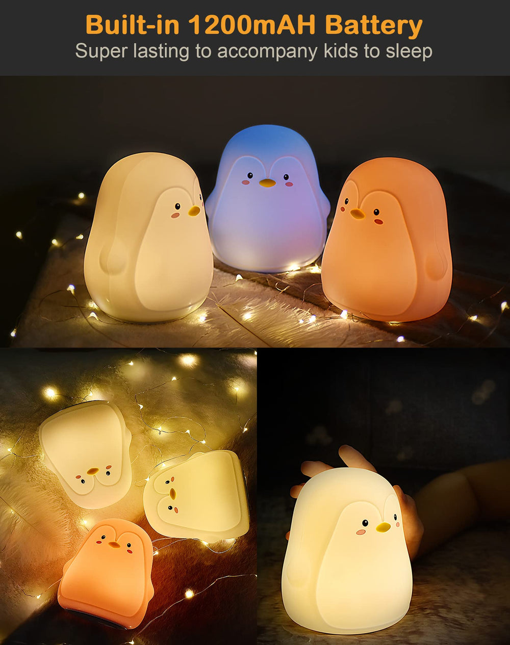 Lueudu Penguin Night Light features USB charging and 9-10 hour battery life on full charge.