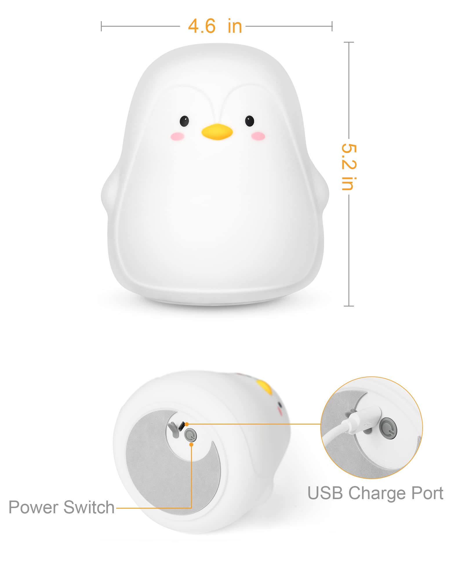Lueudu Penguin Night Light charging and built-in 1200mAh battery for long nights.